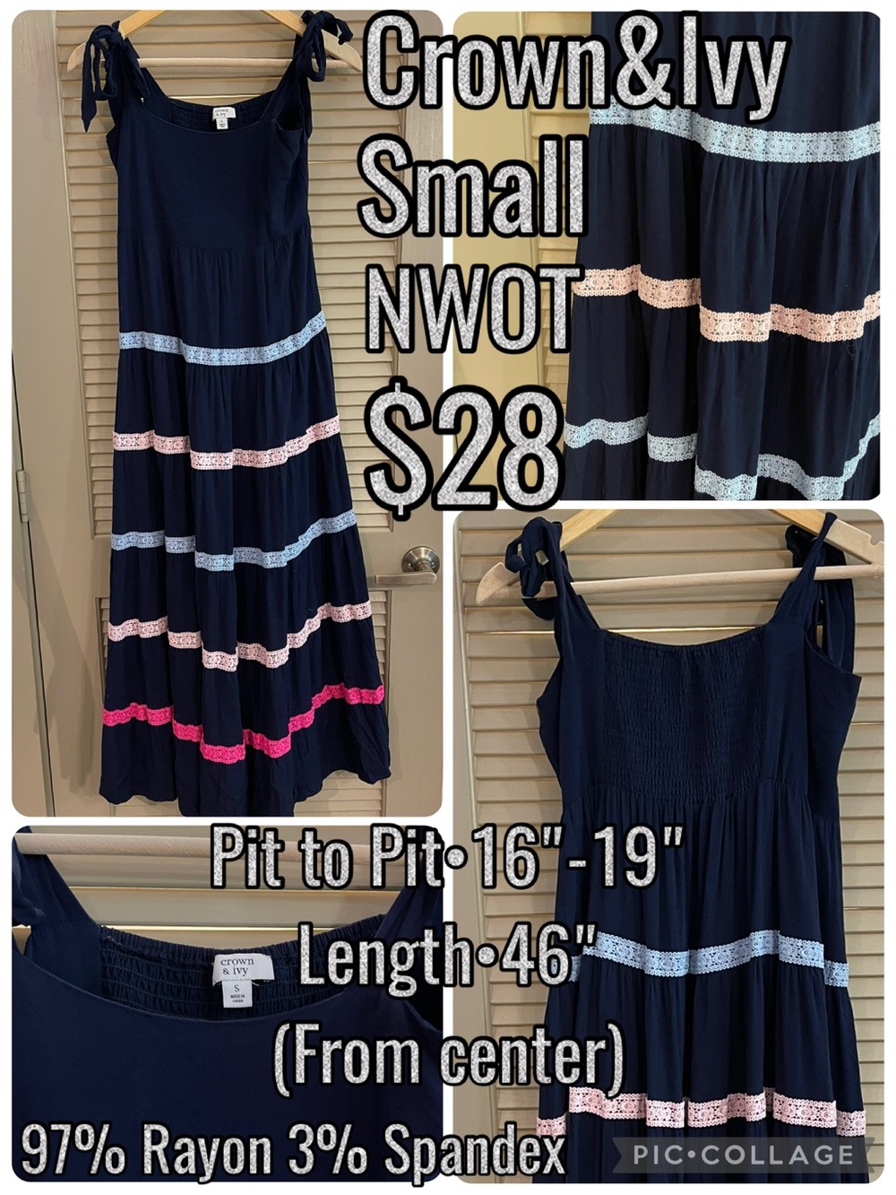 Crown & Ivy Navy Tiered Tie-Shoulder Maxi Dress with Pink & Light Blue Lace